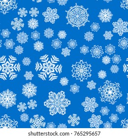 Christmas snow seamless pattern with beautiful snowflakes falling and scattered on tiled repeating ornament of winter snow
