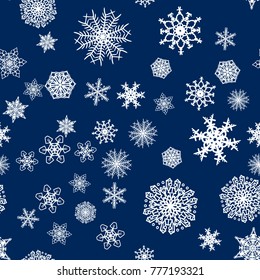 Christmas snow seamless pattern with beautiful snowflakes falling and scattered on tiled repeating ornament of winter snow
