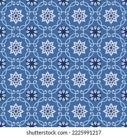 Christmas snow seamless pattern. Line floral winter holiday snowflake ornamental texture. Artistic mosaic background in arab orient style