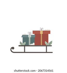 Christmas snow sled with gifts present boxes. Flat style design element for winter holiday season new year event. Cute hand-drawn vector illustration.