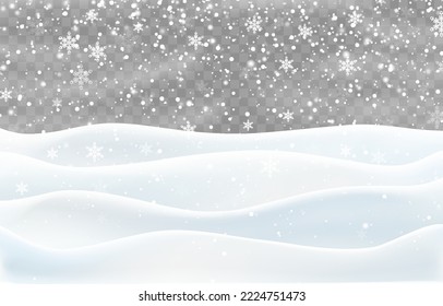 Christmas snow and snowdrifts isolated on png background. Snowflakes falling on the frozen hiils.
Vector heavy snowfall. Snow flakes, snow and blizzard. Snow landscape decoration.