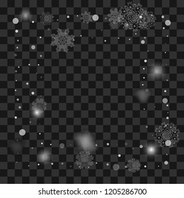 Christmas snow. Snowfall. Shining white transparent beautiful snowflakes, isolated on a transparent background.
