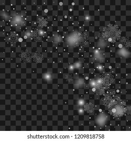 Christmas snow. Snowfall. Shining white transparent beautiful snowflakes, isolated on a transparent background.