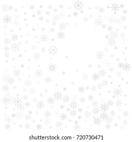 Christmas snow splash background of a random scatter snowflakes isolated on white. Snow explosion. Ice storm.