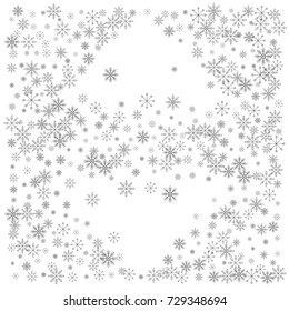 Christmas snow splash background of a random scatter snowflakes isolated on white. Snow explosion. Ice storm.
