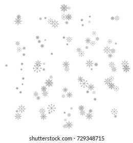 Christmas snow splash background of a random scatter snowflakes isolated on white. Snow explosion. Ice storm.