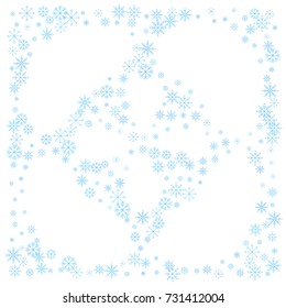 Christmas snow splash background of a random scatter snowflakes isolated on white. Snow explosion. Ice storm.