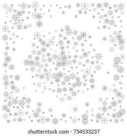 Christmas snow splash background of a random scatter snowflakes isolated on white. Snow explosion. Ice storm.