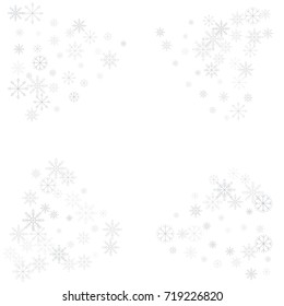 Christmas snow splash frame or border of a random scatter snowflakes isolated on white. Snow explosion. Ice storm.