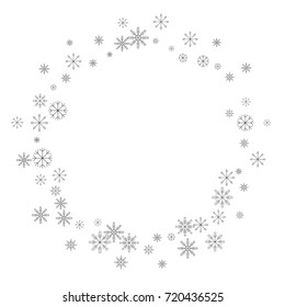 Christmas snow splash frame or border of a random scatter snowflakes isolated on white. Snow explosion. Ice storm.