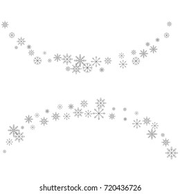 Christmas snow splash frame or border of a random scatter snowflakes isolated on white. Snow explosion. Ice storm.