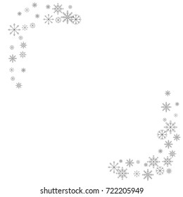 Christmas snow splash frame or border of a random scatter snowflakes isolated on white. Snow explosion. Ice storm.