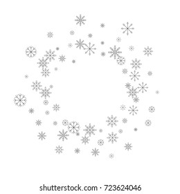 Christmas snow splash frame or border of a random scatter snowflakes isolated on white. Snow explosion. Ice storm.