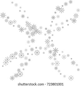 Christmas snow splash frame or border of a random scatter snowflakes isolated on white. Snow explosion. Ice storm.