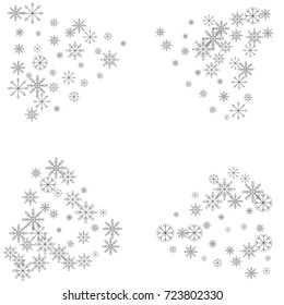 Christmas snow splash frame or border of a random scatter snowflakes isolated on white. Snow explosion. Ice storm.