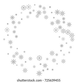 Christmas snow splash frame or border of a random scatter snowflakes isolated on white. Snow explosion. Ice storm.