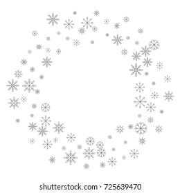Christmas snow splash frame or border of a random scatter snowflakes isolated on white. Snow explosion. Ice storm.