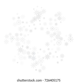 Christmas snow splash frame or border of a random scatter snowflakes isolated on white. Snow explosion. Ice storm.