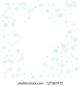 Christmas snow splash frame or border of a random scatter snowflakes isolated on white. Snow explosion. Ice storm.