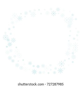 Christmas snow splash frame or border of a random scatter snowflakes isolated on white. Snow explosion. Ice storm.