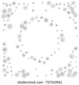 Christmas snow splash frame or border of a random scatter snowflakes isolated on white. Snow explosion. Ice storm.