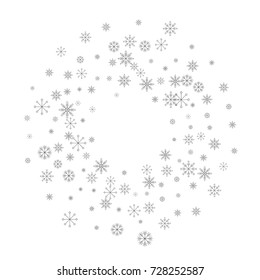 Christmas snow splash frame or border of a random scatter snowflakes isolated on white. Snow explosion. Ice storm.