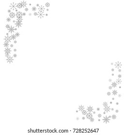 Christmas snow splash frame or border of a random scatter snowflakes isolated on white. Snow explosion. Ice storm.