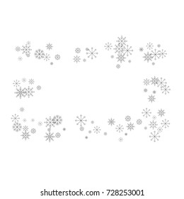 Christmas snow splash frame or border of a random scatter snowflakes isolated on white. Snow explosion. Ice storm.