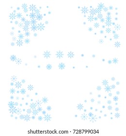 Christmas snow splash frame or border of a random scatter snowflakes isolated on white. Snow explosion. Ice storm.
