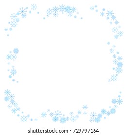 Christmas snow splash frame or border of a random scatter snowflakes isolated on white. Snow explosion. Ice storm.