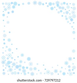 Christmas snow splash frame or border of a random scatter snowflakes isolated on white. Snow explosion. Ice storm.