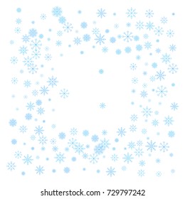Christmas snow splash frame or border of a random scatter snowflakes isolated on white. Snow explosion. Ice storm.