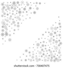 Christmas snow splash frame or border of a random scatter snowflakes isolated on white. Snow explosion. Ice storm.