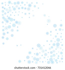 Christmas snow splash frame or border of a random scatter snowflakes isolated on white. Snow explosion. Ice storm.