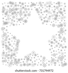 Christmas snow splash frame or border of a random scatter snowflakes isolated on white. Snow explosion. Ice storm.