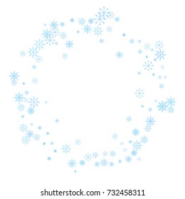 Christmas snow splash frame or border of a random scatter snowflakes isolated on white. Snow explosion. Ice storm.