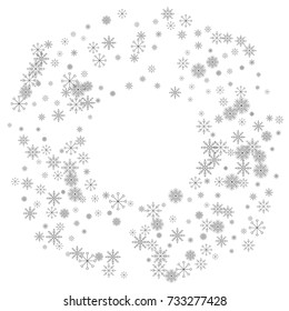 Christmas snow splash frame or border of a random scatter snowflakes isolated on white. Snow explosion. Ice storm.