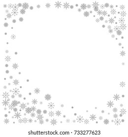 Christmas snow splash frame or border of a random scatter snowflakes isolated on white. Snow explosion. Ice storm.
