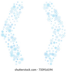 Christmas snow splash frame or border of a random scatter snowflakes isolated on white. Snow explosion. Ice storm.