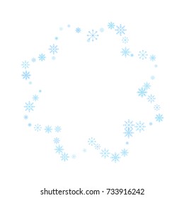 Christmas snow splash frame or border of a random scatter snowflakes isolated on white. Snow explosion. Ice storm.