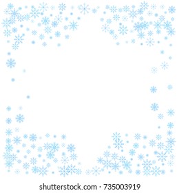 Christmas snow splash frame or border of a random scatter snowflakes isolated on white. Snow explosion. Ice storm.
