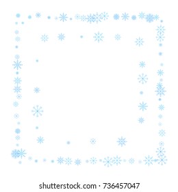 Christmas snow splash frame or border of a random scatter snowflakes isolated on white. Snow explosion. Ice storm.