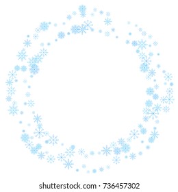 Christmas snow splash frame or border of a random scatter snowflakes isolated on white. Snow explosion. Ice storm.