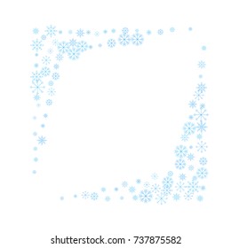 Christmas snow splash frame or border of a random scatter snowflakes isolated on white. Snow explosion. Ice storm.