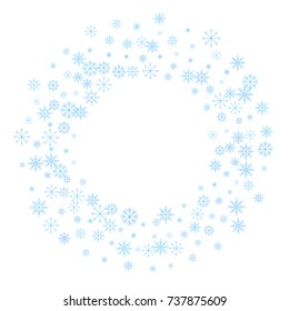 Christmas snow splash frame or border of a random scatter snowflakes isolated on white. Snow explosion. Ice storm.