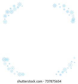 Christmas snow splash frame or border of a random scatter snowflakes isolated on white. Snow explosion. Ice storm.