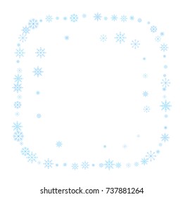Christmas snow splash frame or border of a random scatter snowflakes isolated on white. Snow explosion. Ice storm.