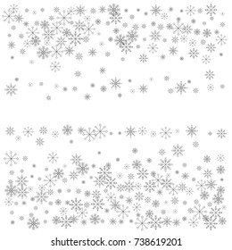 Christmas snow splash frame or border of a random scatter snowflakes isolated on white. Snow explosion. Ice storm.