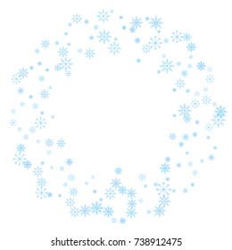 Christmas snow splash frame or border of a random scatter snowflakes isolated on white. Snow explosion. Ice storm.