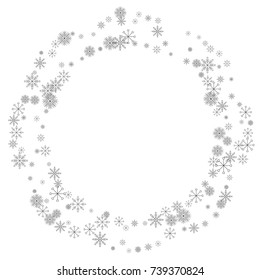 Christmas snow splash frame or border of a random scatter snowflakes isolated on white. Snow explosion. Ice storm.